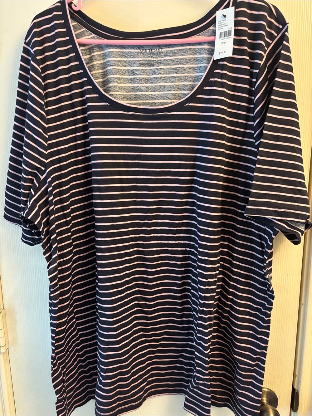 Lane Bryant Black and Light Pink Striped Scoop Neck Short Sleeve Tee